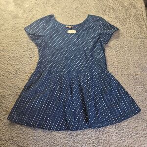 Trade Cloth Peplum Top PT-2 Womens Small Indigo Dot Short Sleeve Cotton Blouse
